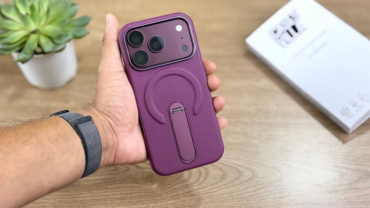 MagSafe PU Leather Case with 360 Degree Rotating Metal Kickstand for iPhone: Burgundy