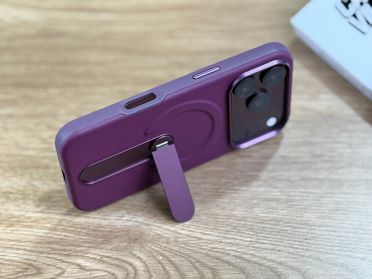 MagSafe PU Leather Case with 360 Degree Rotating Metal Kickstand for iPhone: Burgundy