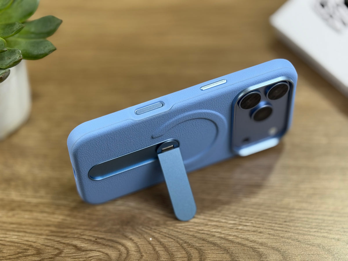 MagSafe PU Leather Case with 360 Degree Rotating Metal Kickstand for iPhone: Glacier