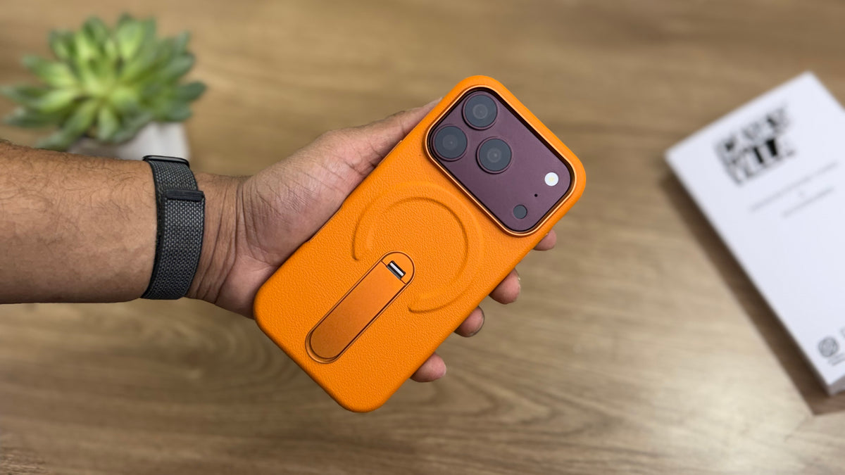 MagSafe PU Leather Case with 360 Degree Rotating Metal Kickstand for iPhone: Orange