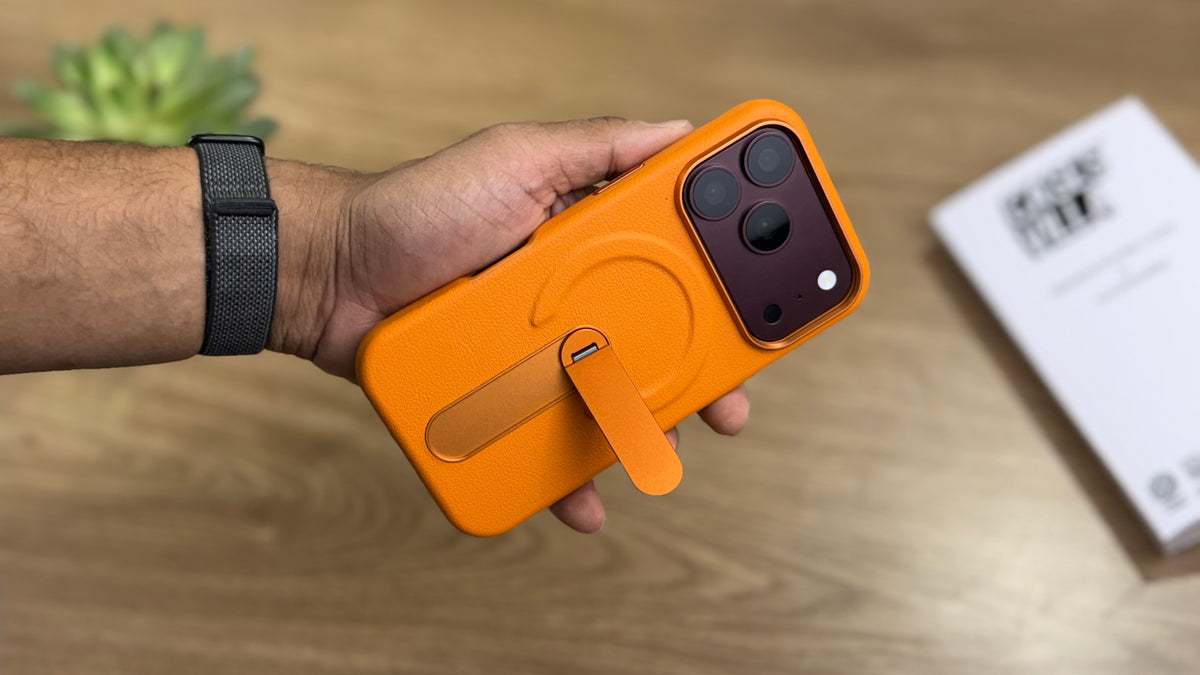 MagSafe PU Leather Case with 360 Degree Rotating Metal Kickstand for iPhone: Orange