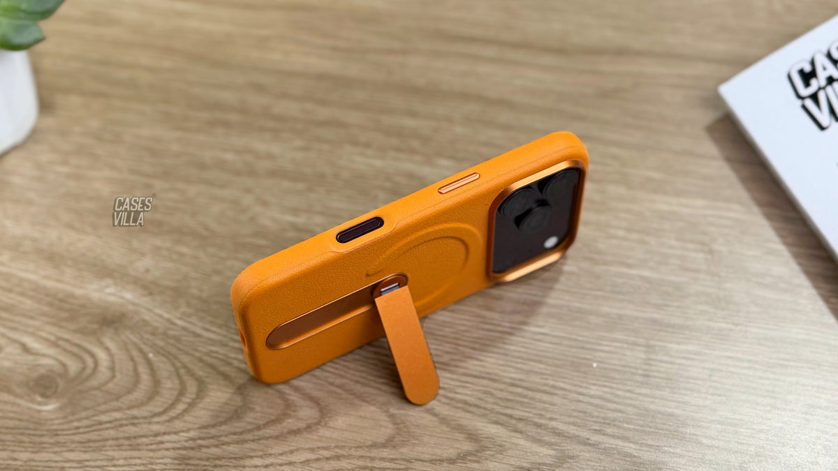 MagSafe PU Leather Case with 360 Degree Rotating Metal Kickstand for iPhone: Orange