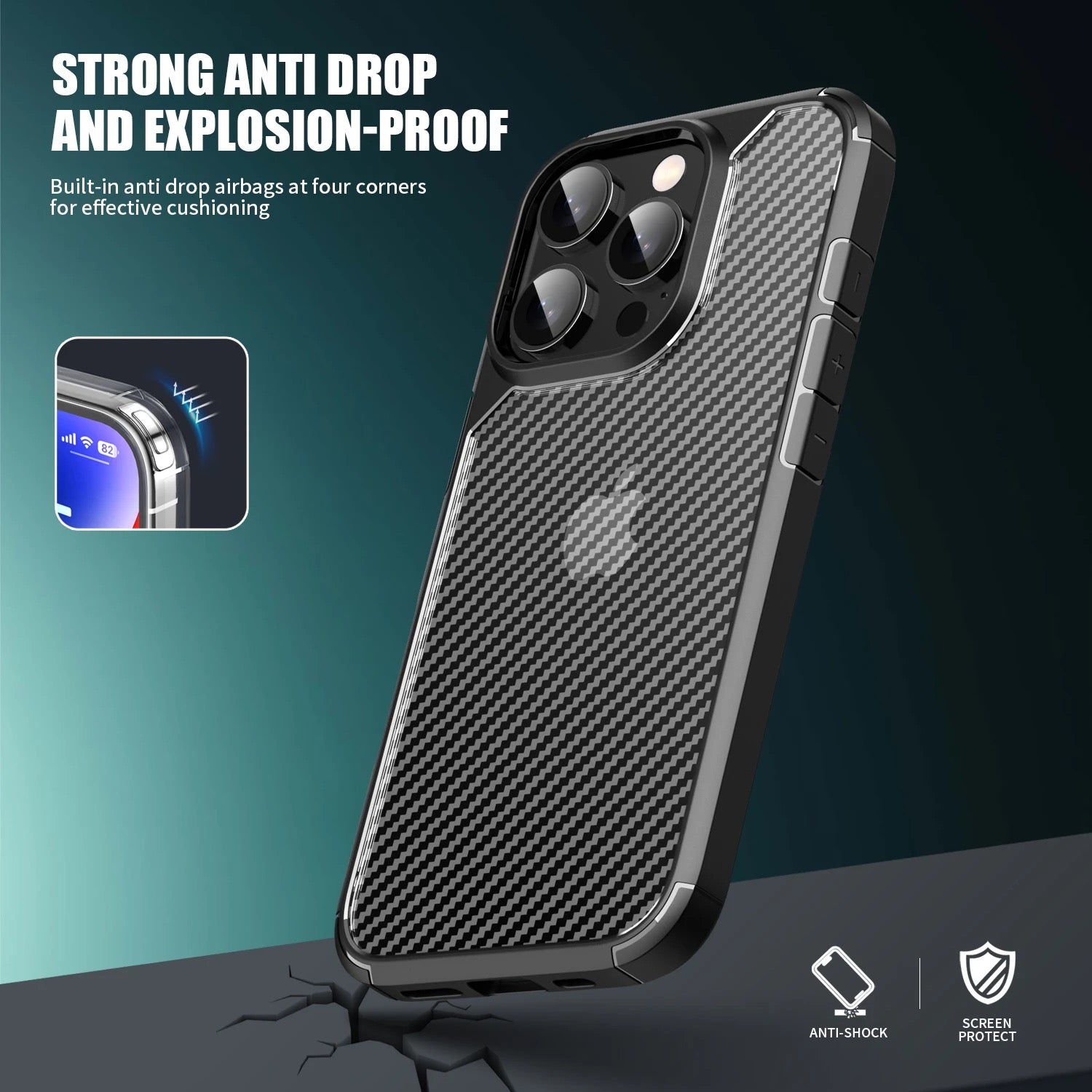 iPhone 16 Pro Case : Carbon Fiber Texture Shockproof & Rugged Cover