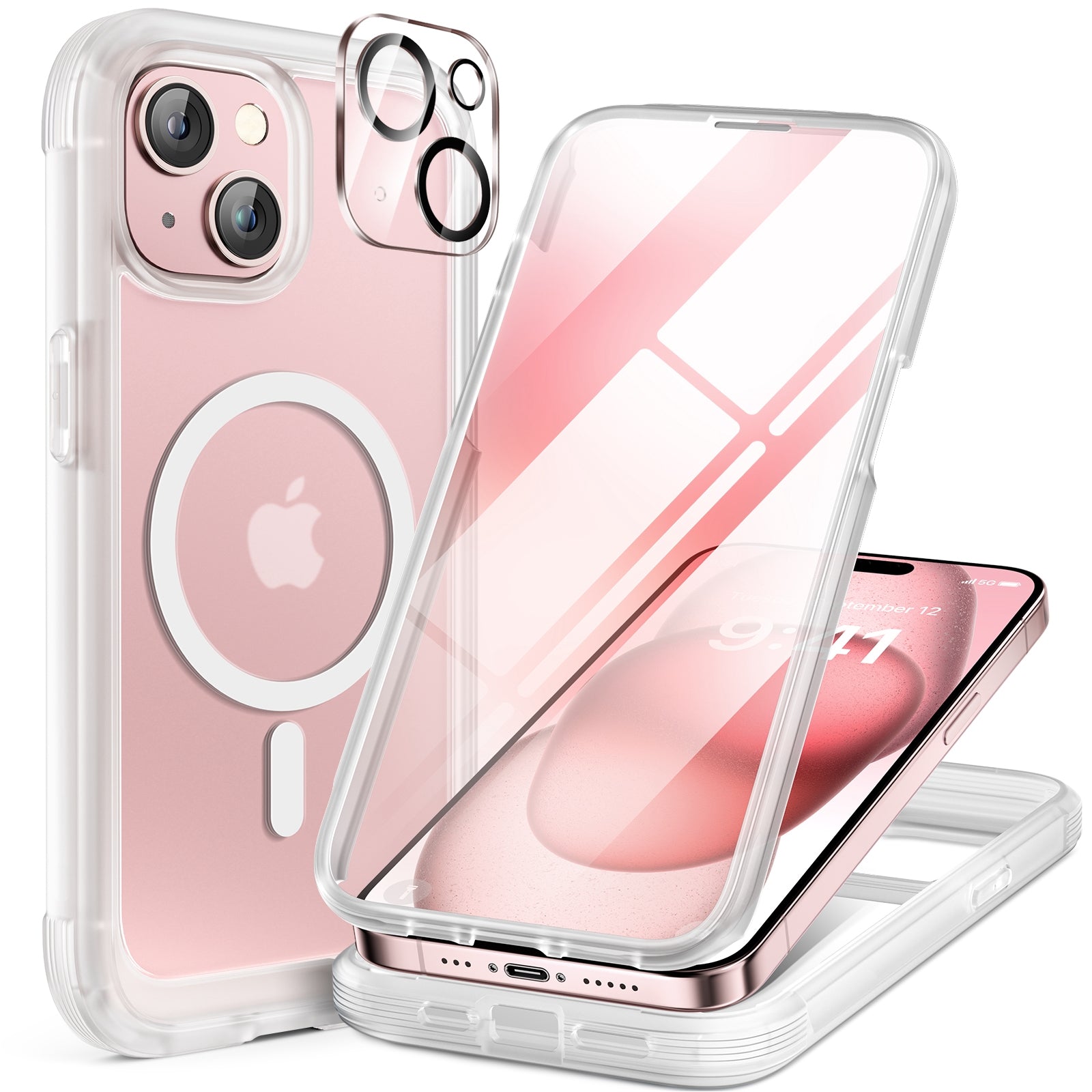iPhone 15 - Matte Clear : Cases Villa 360° Protection Case 9H Tempered Glass Cover with MagSafe