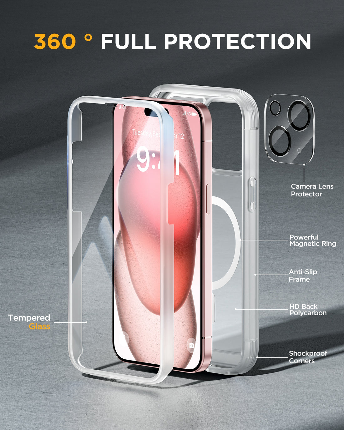 iPhone 15 - Matte Clear : Cases Villa 360° Protection Case 9H Tempered Glass Cover with MagSafe