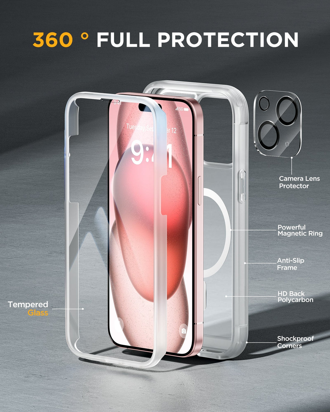 iPhone 15 Plus - Matte Clear : Cases Villa 360° Protection Case 9H Tempered Glass Cover with MagSafe