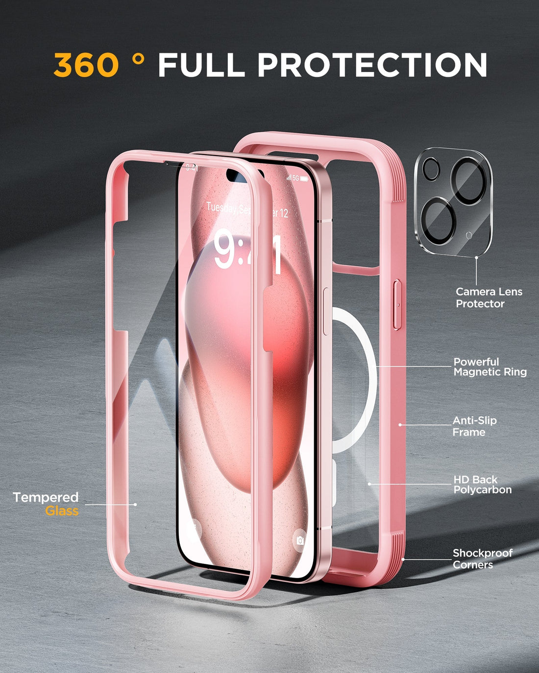 iPhone 15 Plus - Pink : Cases Villa 360° Protection Case 9H Tempered Glass Cover with MagSafe