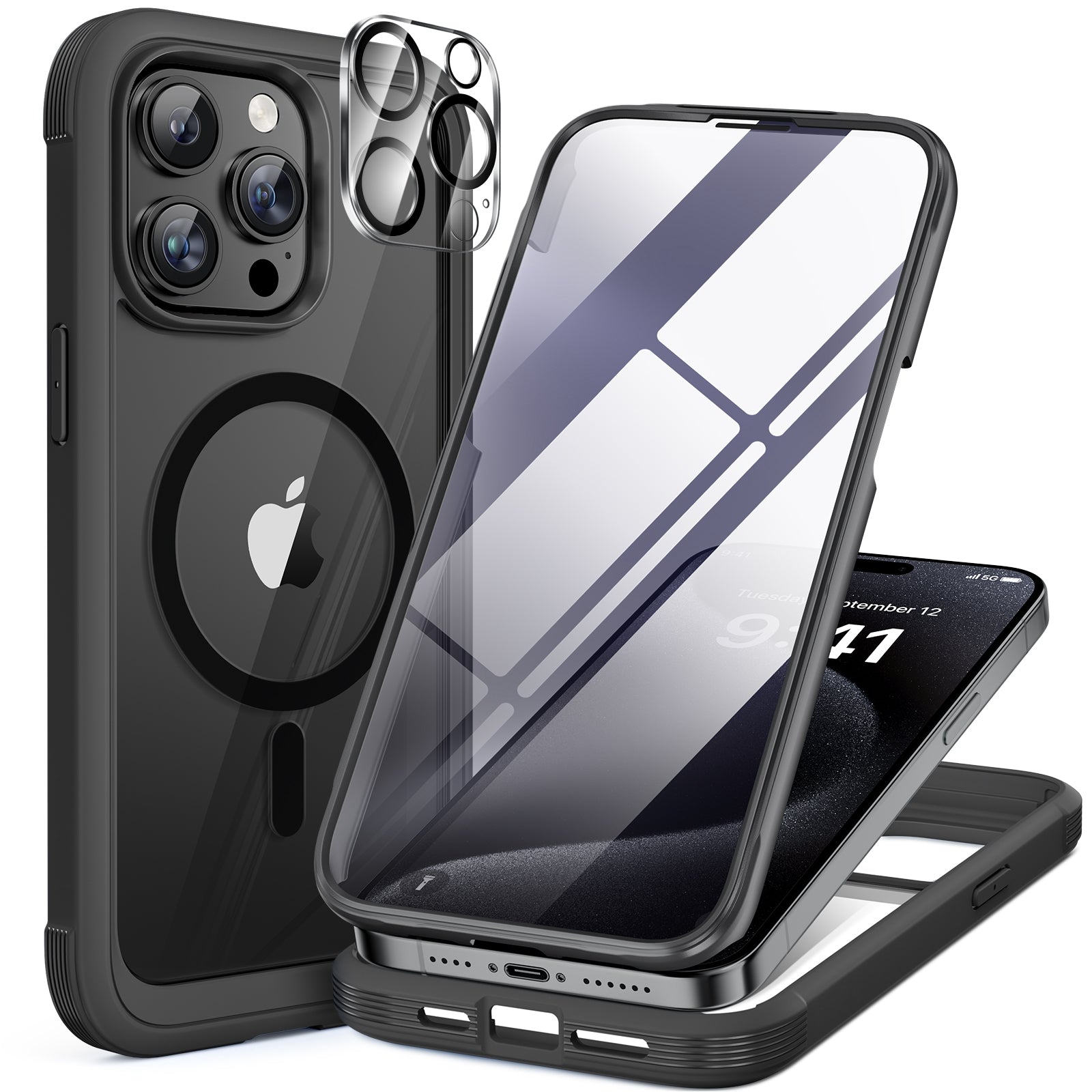 iPhone 15 Series 360° Protection Case : Front Screen + Back Cover + Camera Protector