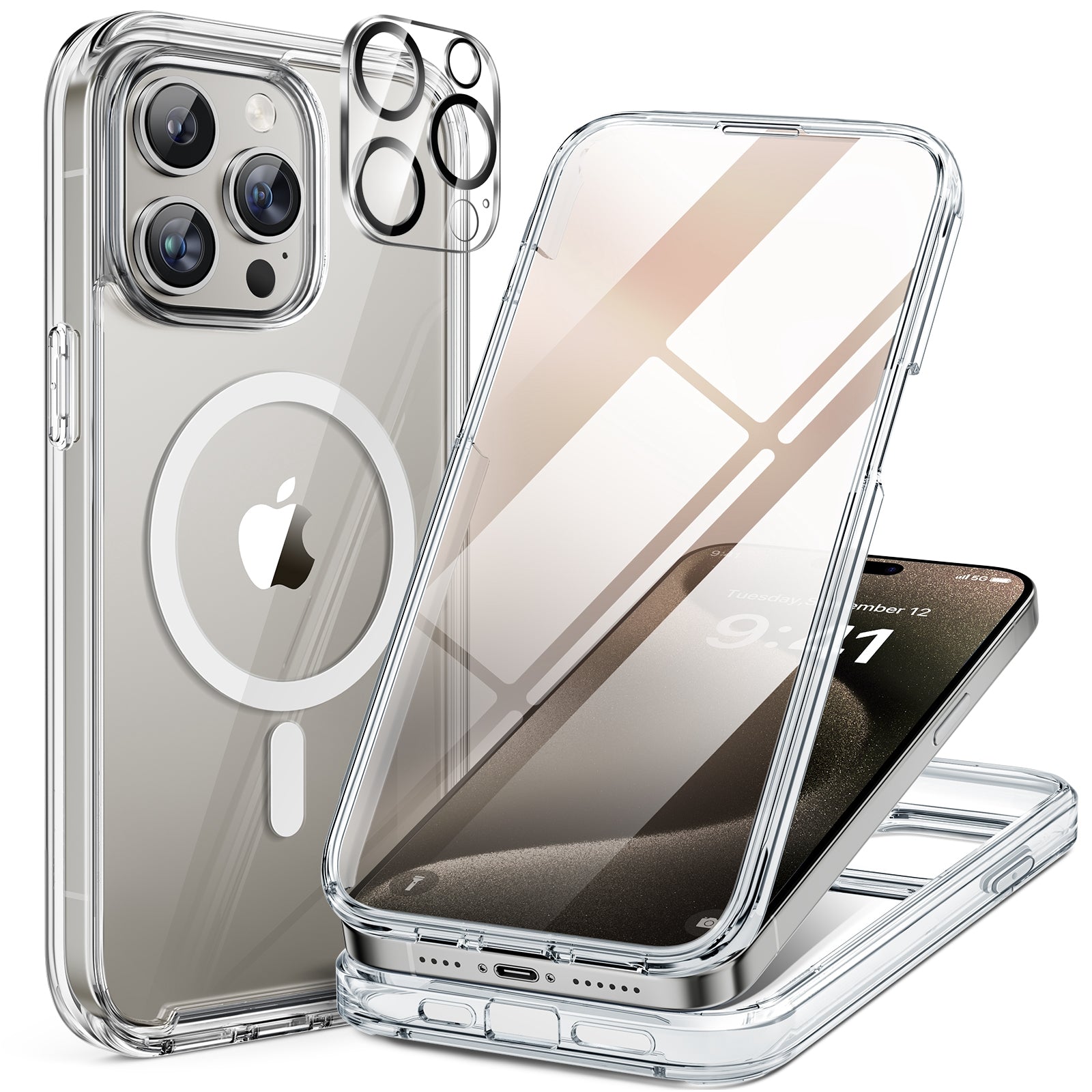 iPhone 15 Series 360° Protection Case : Front Screen + Back Cover + Camera Protector