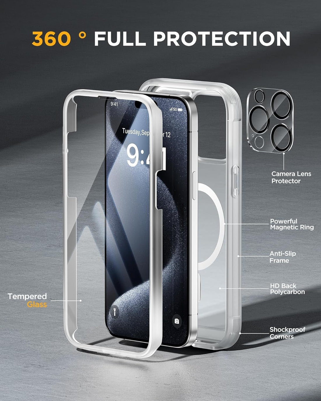 iPhone 15 Pro Max - Matte Clear : Cases Villa 360° Protection Case 9H Tempered Glass Cover with MagSafe