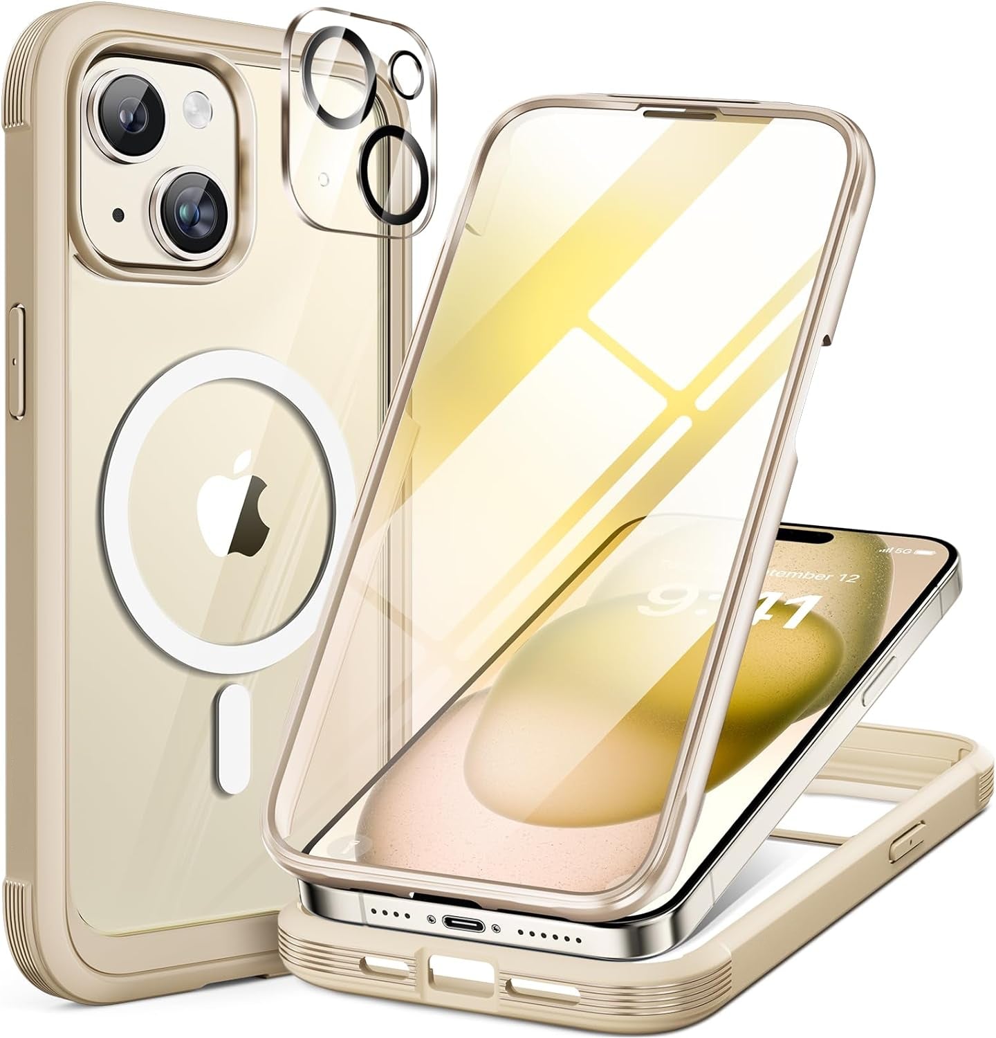 iPhone 15 - Almond Yellow : Cases Villa 360° Protection Case 9H Tempered Glass Cover with MagSafe