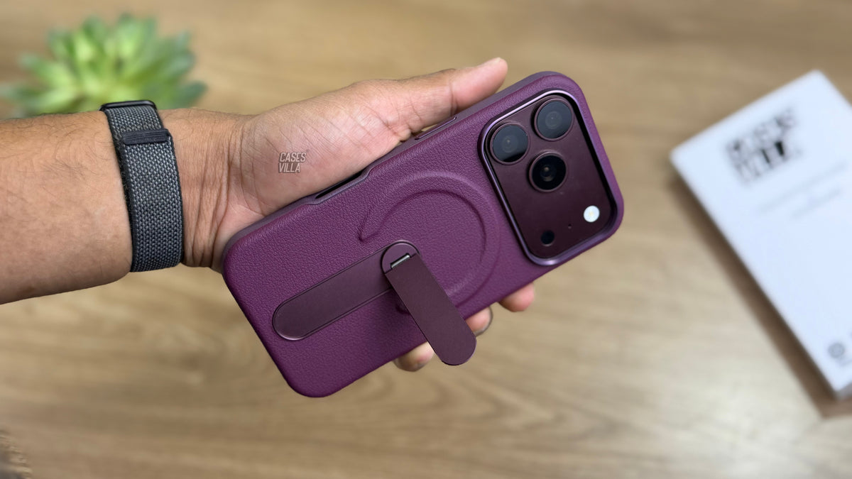 MagSafe PU Leather Case with 360 Degree Rotating Metal Kickstand for iPhone: Burgundy