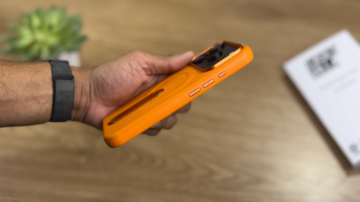 MagSafe PU Leather Case with 360 Degree Rotating Metal Kickstand for iPhone: Orange
