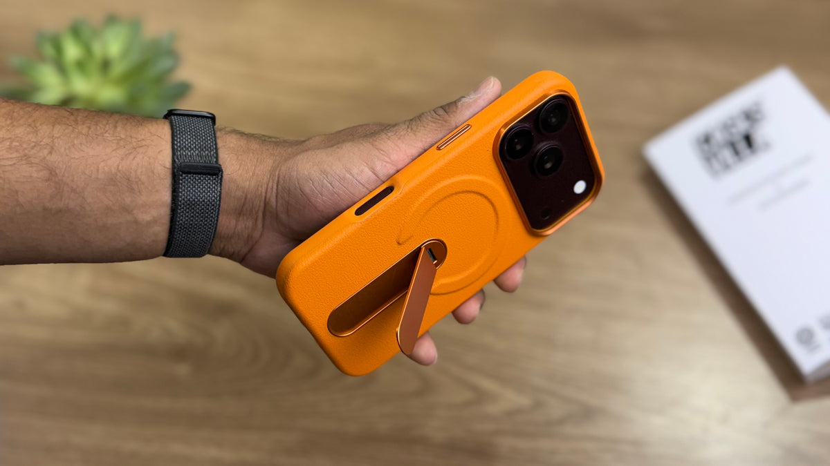 MagSafe PU Leather Case with 360 Degree Rotating Metal Kickstand for iPhone: Orange