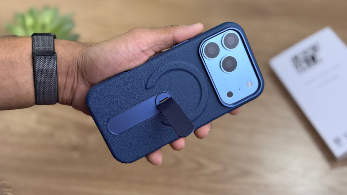 MagSafe PU Leather Case with 360 Degree Rotating Metal Kickstand for iPhone: Navy Blue