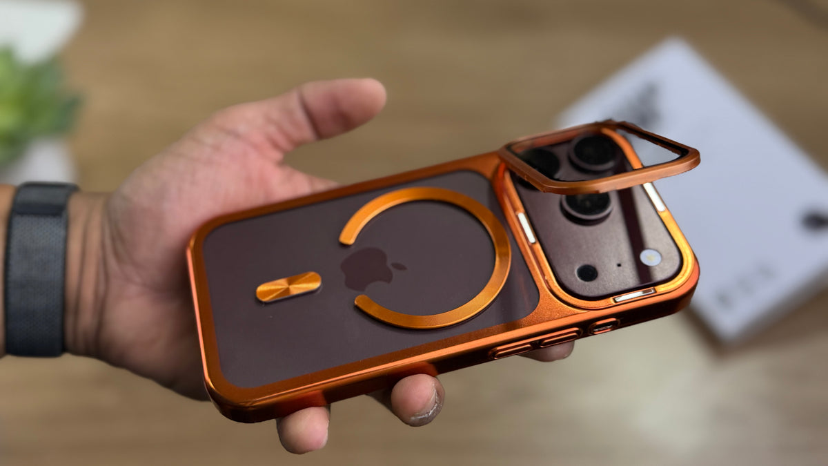 New Plating Anti Yellow Camera Kickstand Case for iPhone: Orange