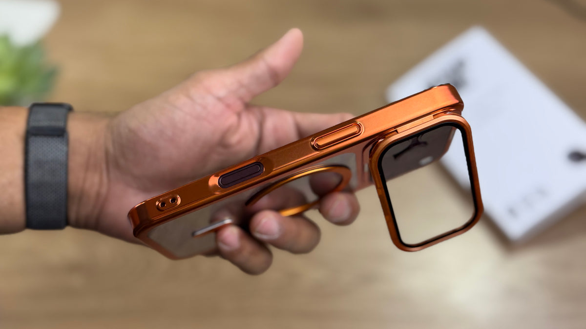 New Plating Anti Yellow Camera Kickstand Case for iPhone: Orange