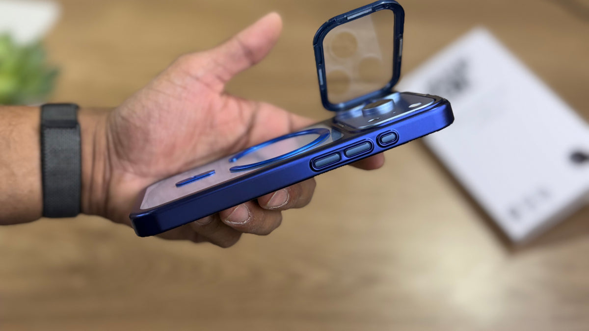 New Plating Anti Yellow Camera Kickstand Case for iPhone: Navy Blue