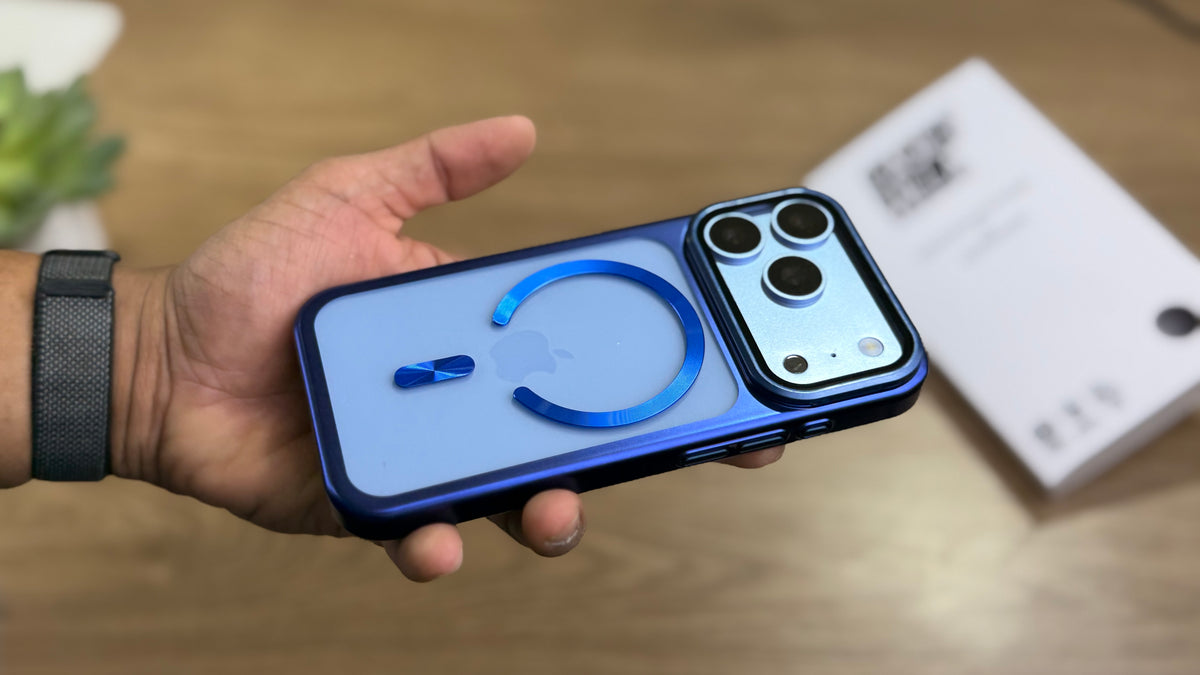 New Plating Anti Yellow Camera Kickstand Case for iPhone: Navy Blue
