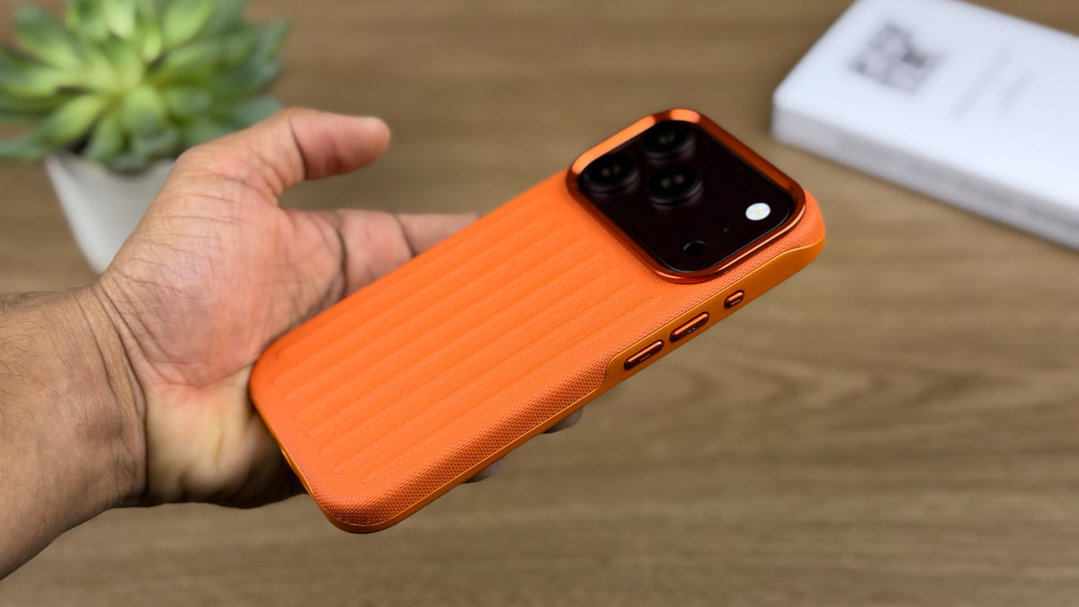 Corrugated PU Leather MagSafe Case for iPhone: Orange