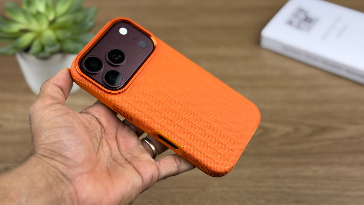 Corrugated PU Leather MagSafe Case for iPhone: Orange