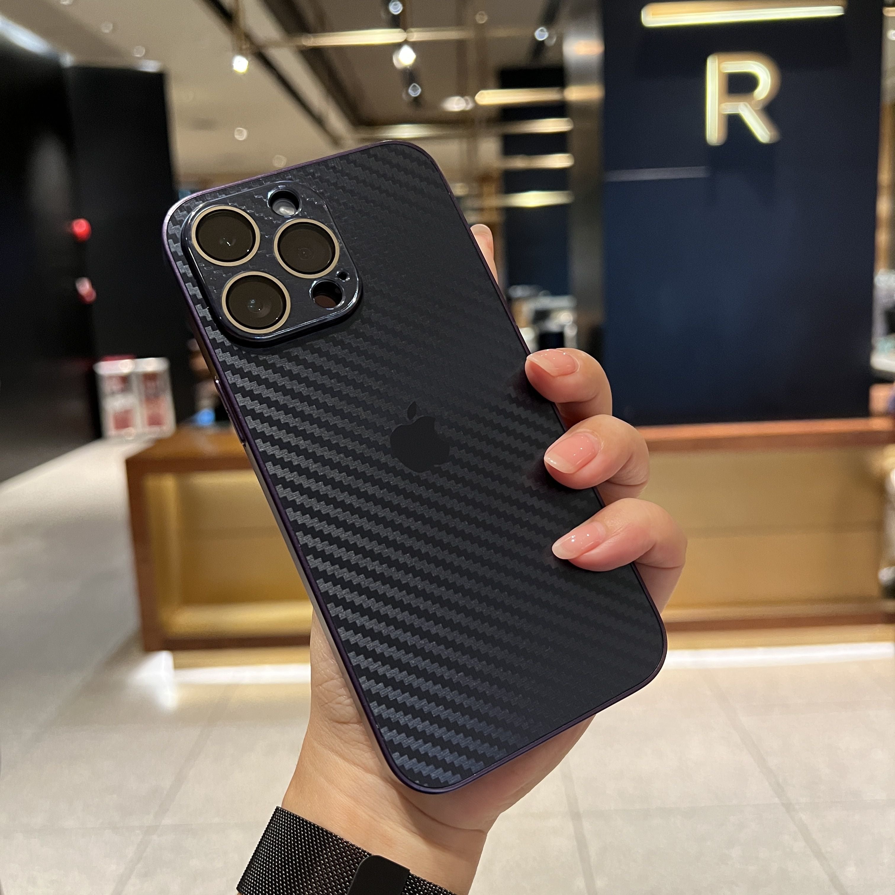 iPhone 14 Pro Cover : New Carbon Fiber Pattern AG Glass Case with Camera Lens Protection