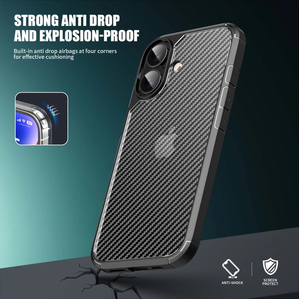 iPhone 16 Plus Case : Carbon Fiber Texture Shockproof & Rugged Cover