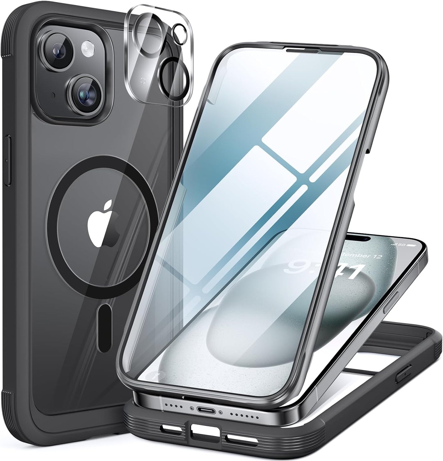 iPhone 15 - Black : Cases Villa 360° Protection Case 9H Tempered Glass