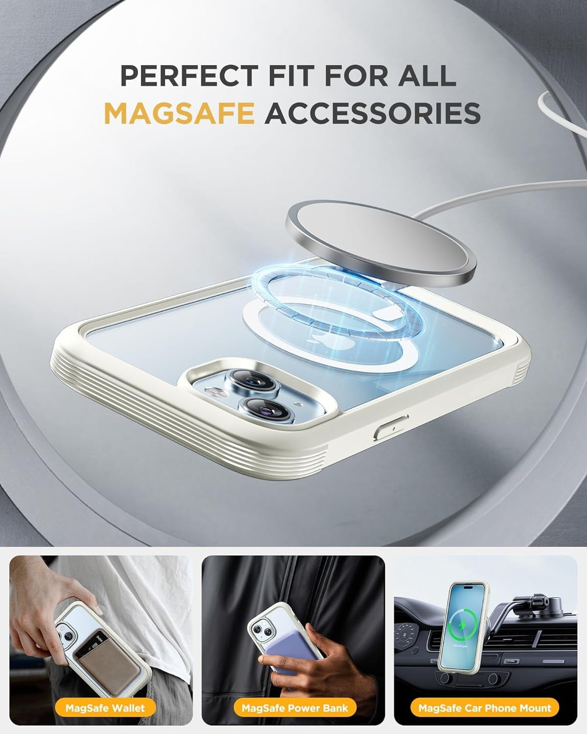 iPhone 15 - White : Cases Villa 360° Protection Case 9H Tempered Glass Cover with MagSafe