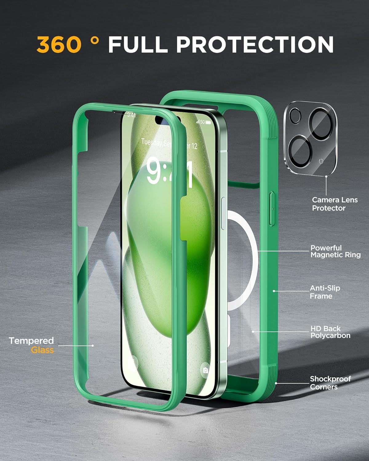 iPhone 15 Plus - Green : Cases Villa 360° Protection Case 9H Tempered Glass Cover with MagSafe