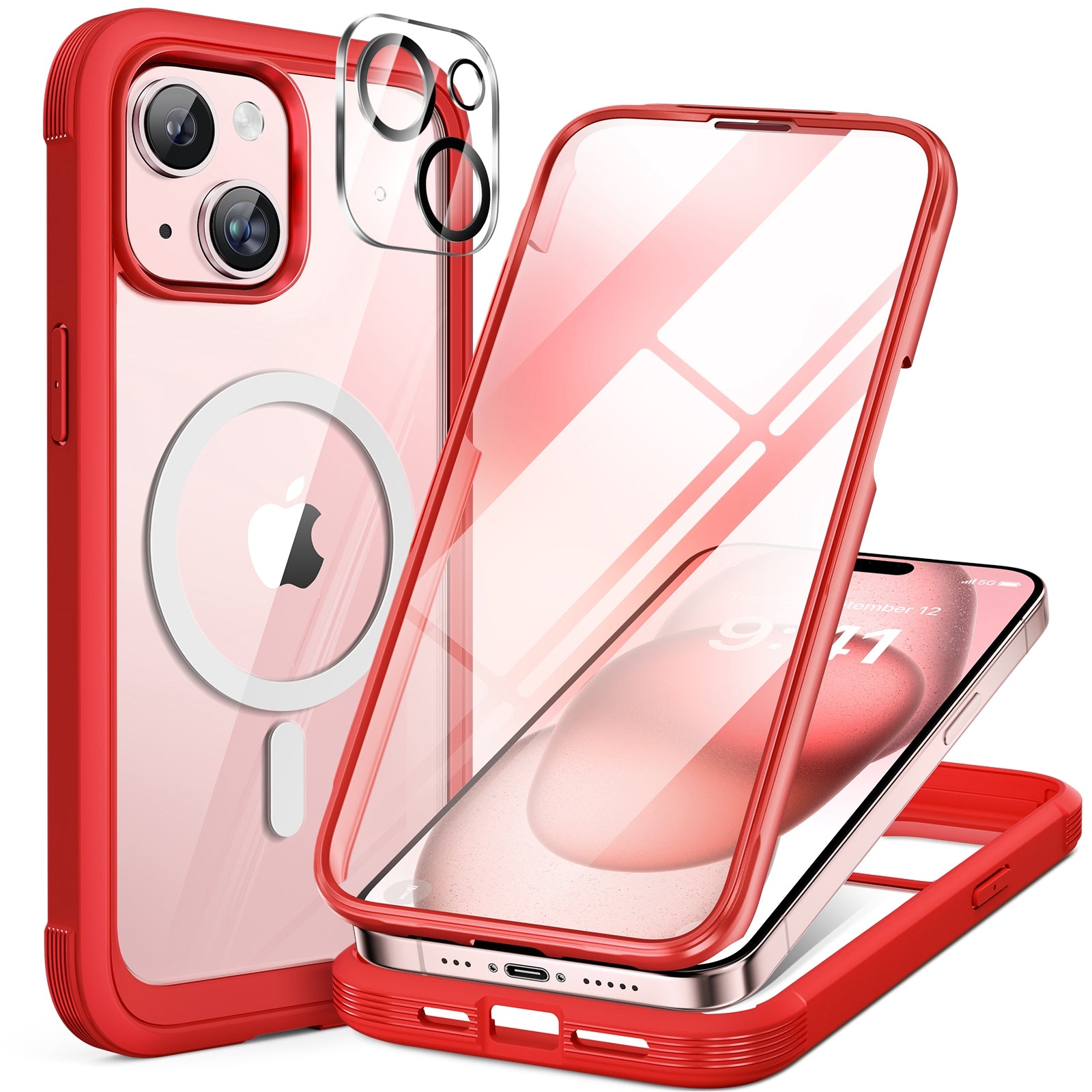 iPhone 15 - Red : Cases Villa 360° Protection Case 9H Tempered Glass Cover with MagSafe