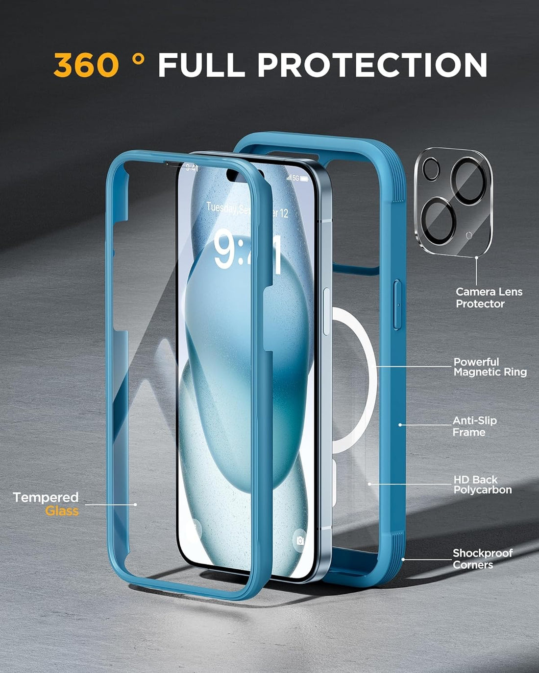 iPhone 15 - Light Blue : Cases Villa 360° Protection Case 9H Tempered Glass Cover with MagSafe