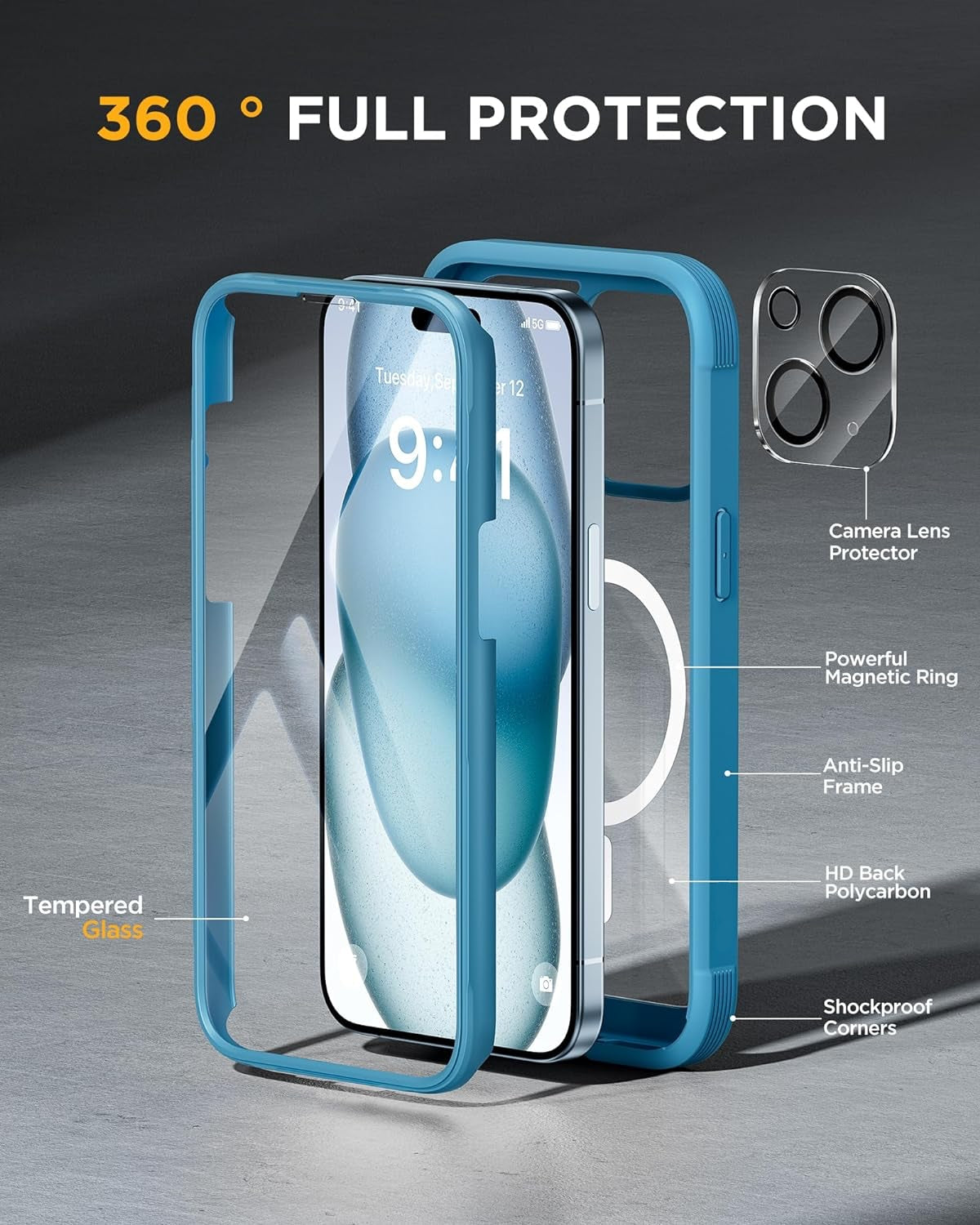 iPhone 15 Plus - Light Blue : Cases Villa 360° Protection Case 9H Tempered Glass Cover with MagSafe