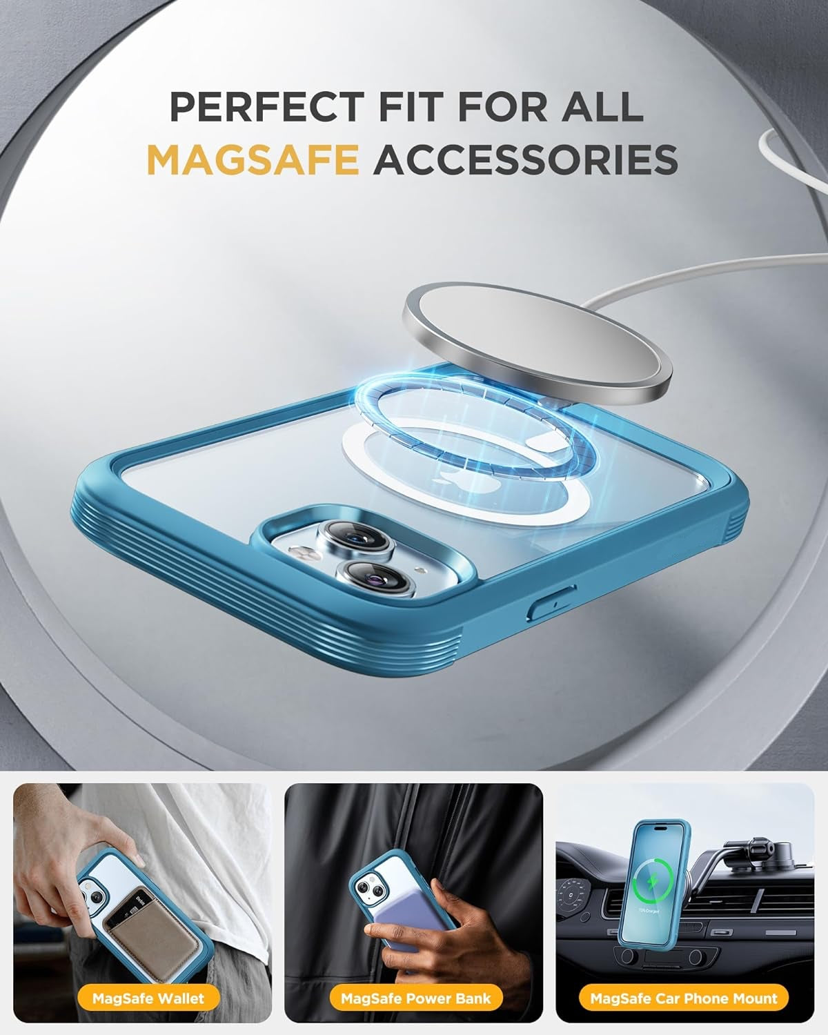 iPhone 15 Plus - Light Blue : Cases Villa 360° Protection Case 9H Tempered Glass Cover with MagSafe