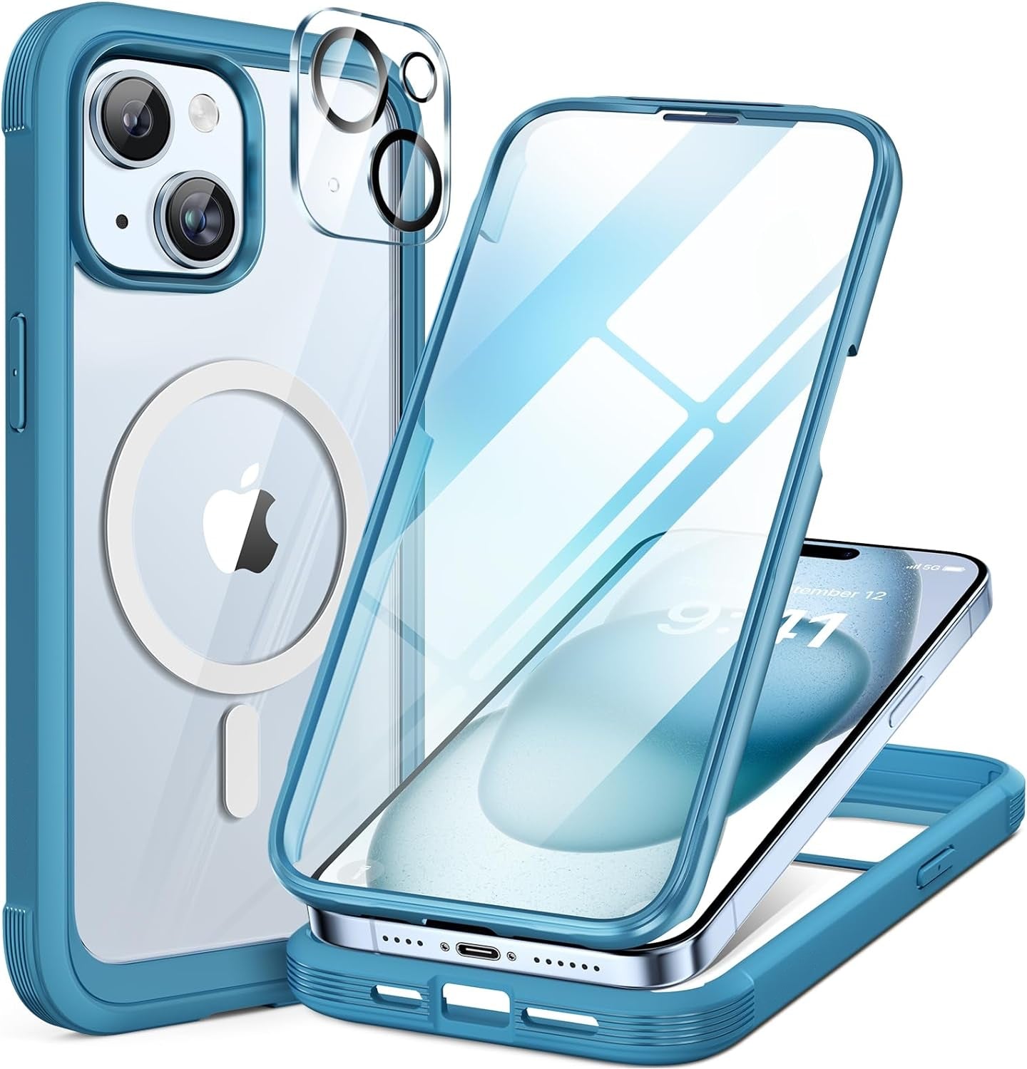 iPhone 15 Plus - Light Blue : Cases Villa 360° Protection Case 9H Tempered Glass Cover with MagSafe