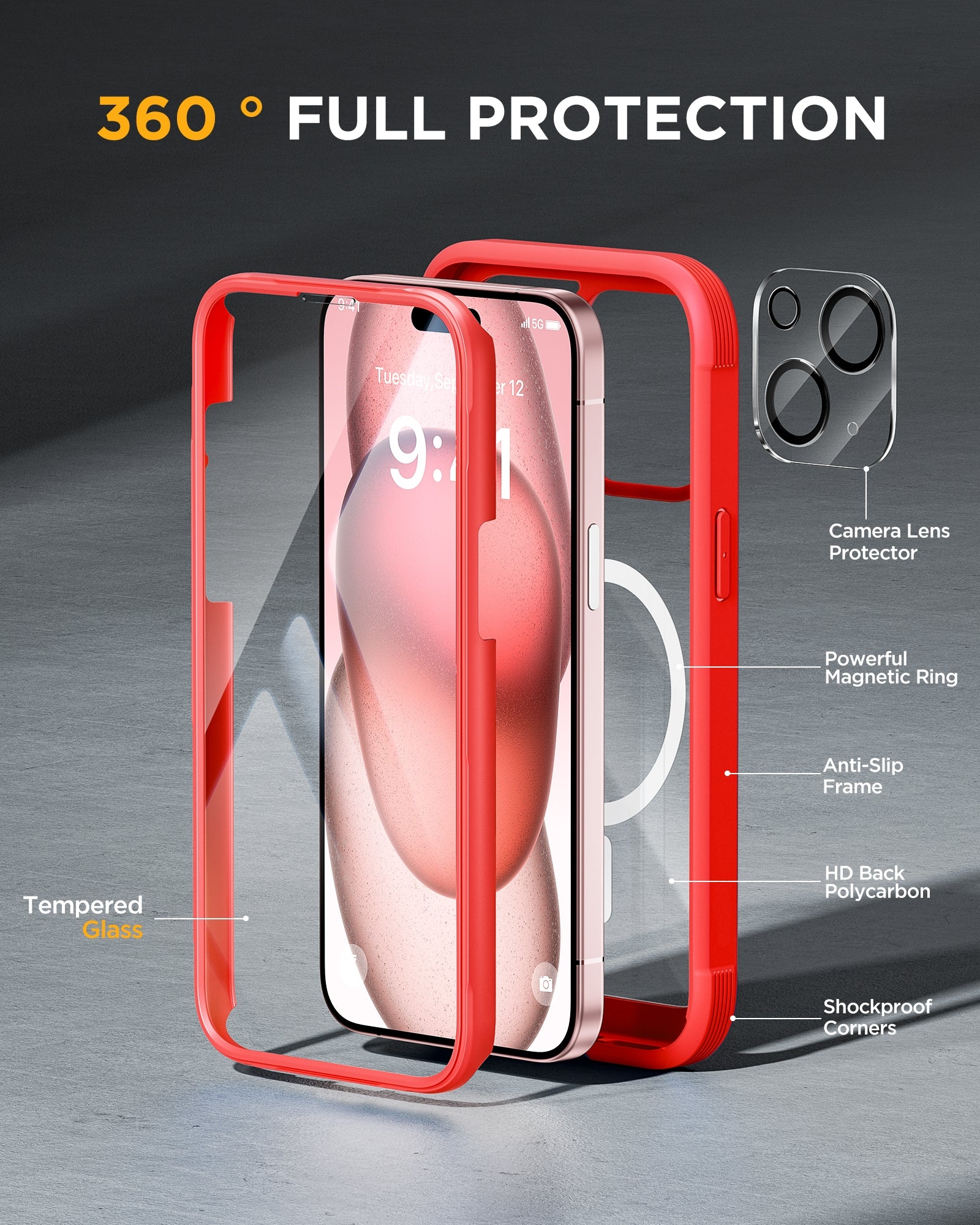 iPhone 15 - Red : Cases Villa 360° Protection Case 9H Tempered Glass Cover with MagSafe