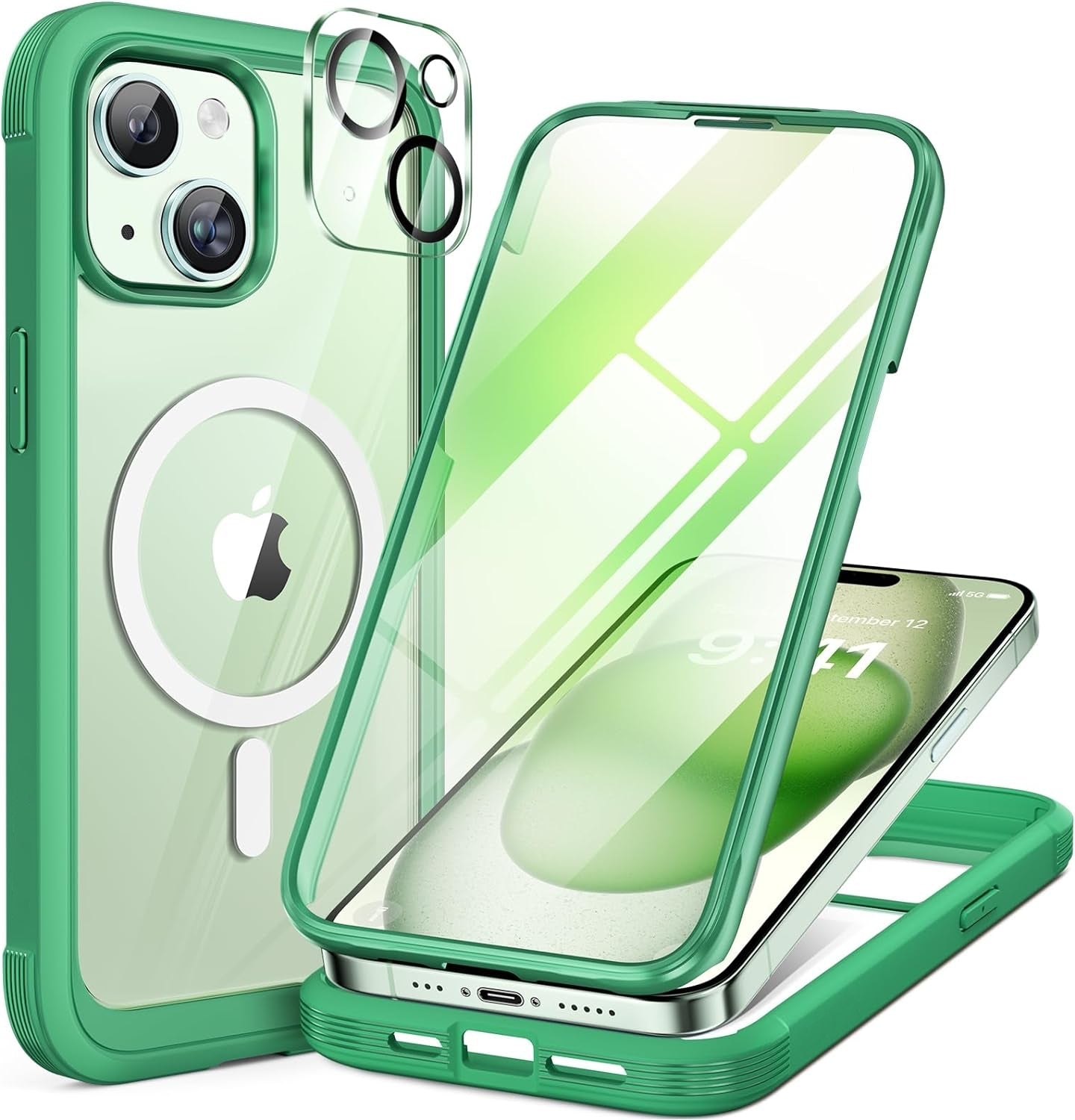 iPhone 15 - Green : Cases Villa 360° Protection Case 9H Tempered Glass Cover with MagSafe