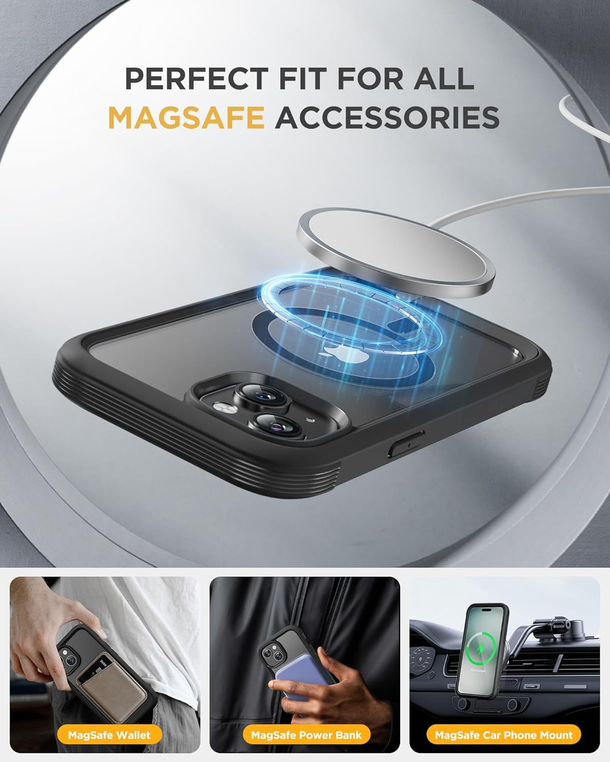 iPhone 15 Plus - Black : Cases Villa 360° Protection Case 9H Tempered Glass Cover with MagSafe