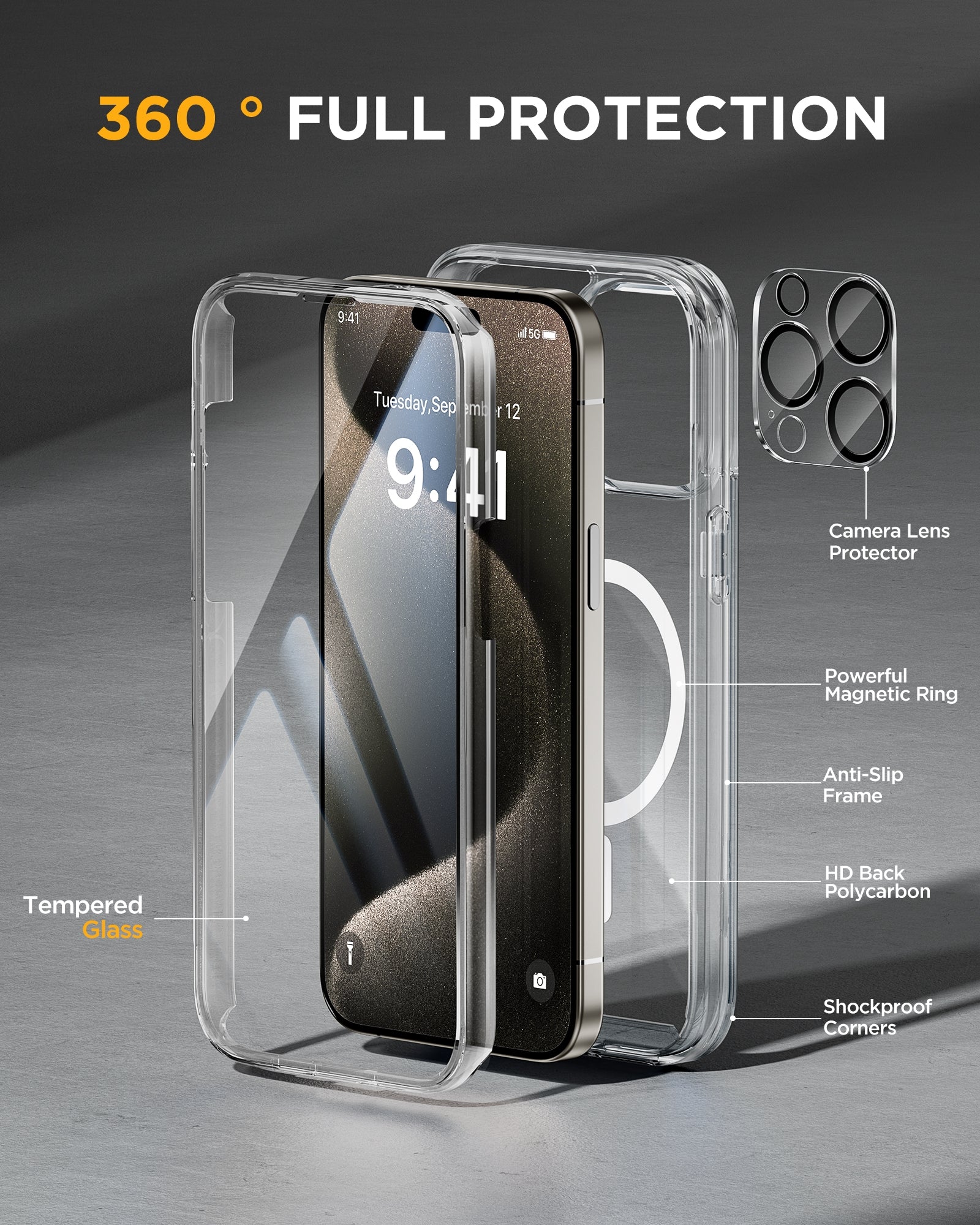 iPhone 15 Pro Max - Clear : Cases Villa 360° Protection Case 9H Tempered Glass Cover with MagSafe