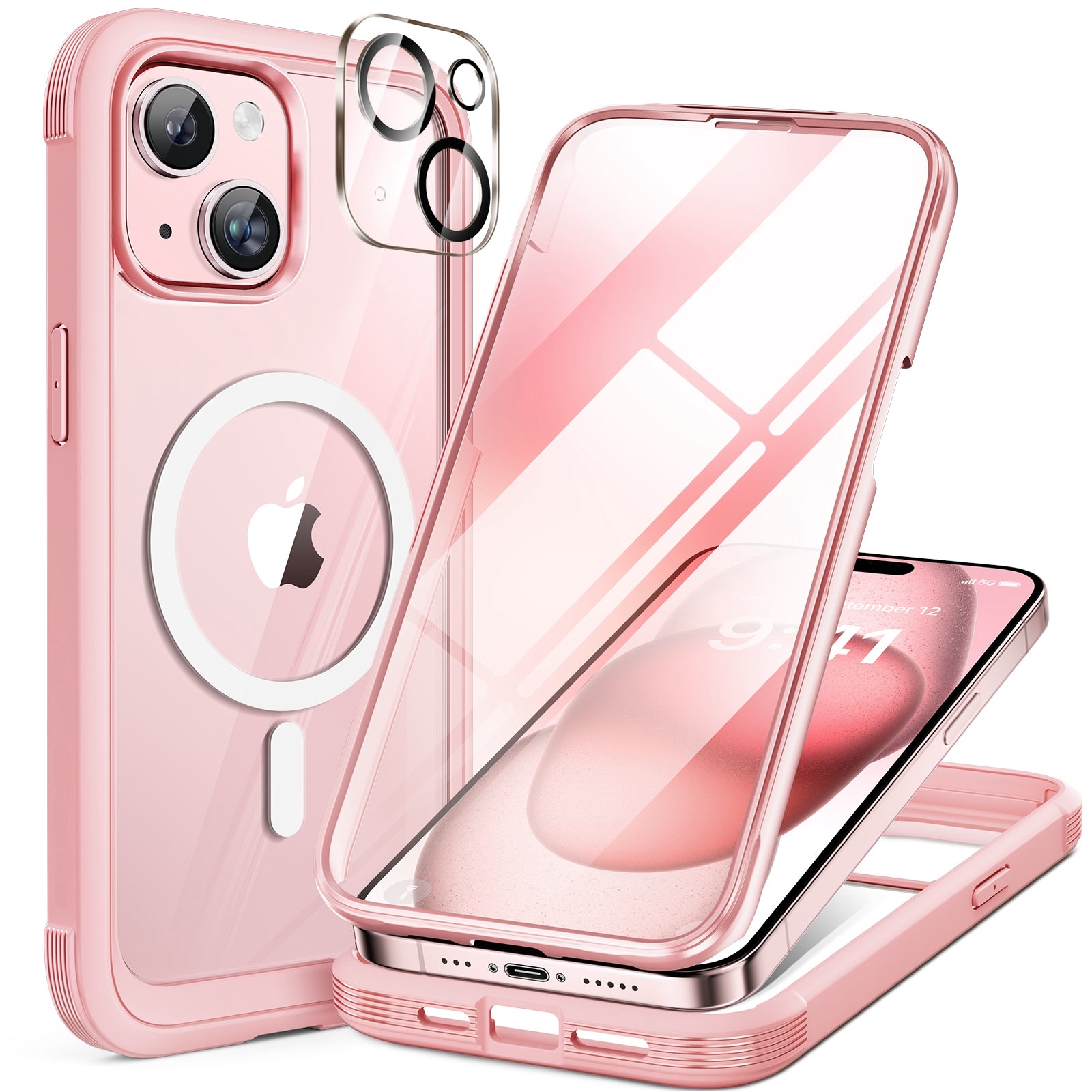 iPhone 15 - Pink : Cases Villa 360° Protection Case 9H Tempered Glass Cover with MagSafe