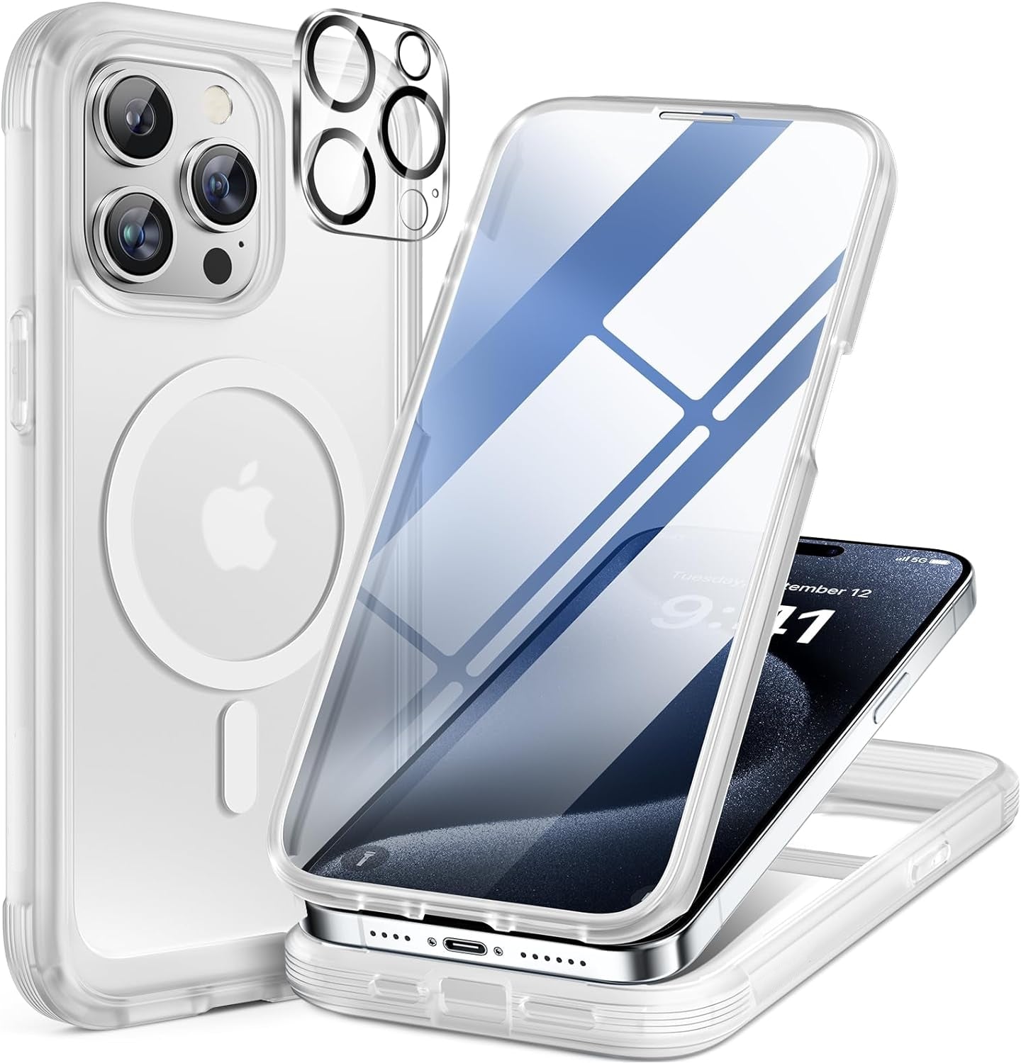 iPhone 15 Pro - Matte Clear : Cases Villa 360° Protection Case 9H Tempered Glass Cover with MagSafe