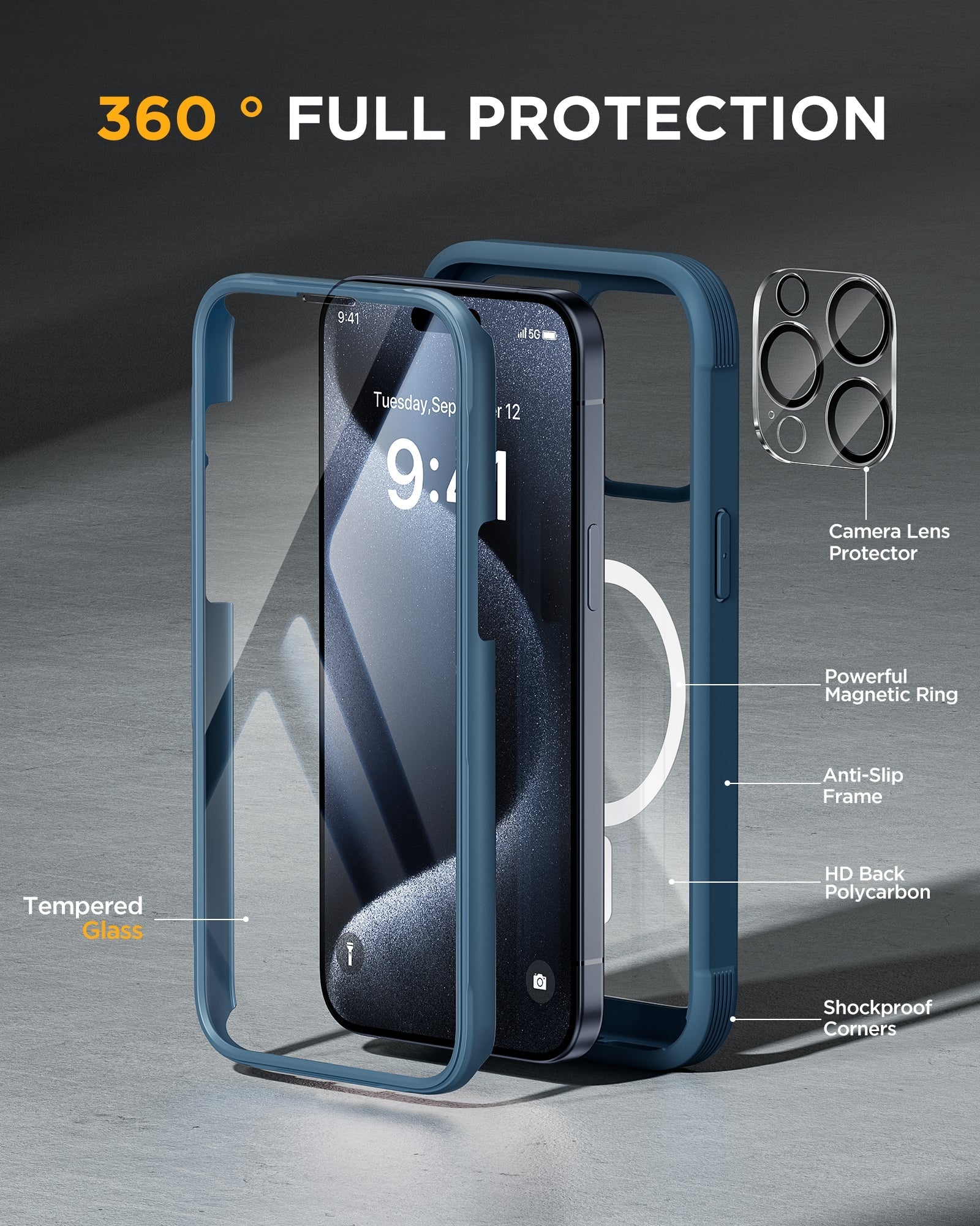 iPhone 15 Pro Max - Blue : Cases Villa 360° Protection Case 9H Tempere