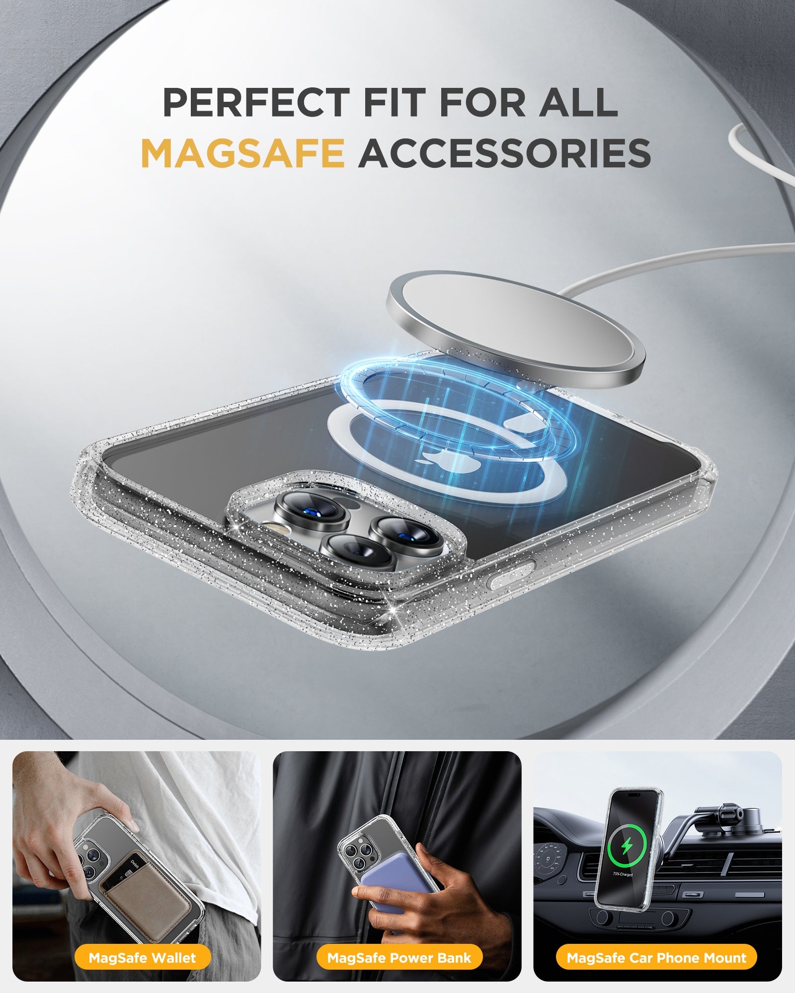 iPhone 15 Pro - Glitter : Cases Villa 360° Protection Case 9H Tempered Glass Cover with MagSafe