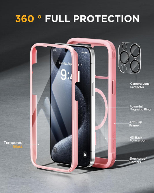 iPhone 15 Pro - Pink : Cases Villa 360° Protection Case 9H Tempered Glass Cover with MagSafe