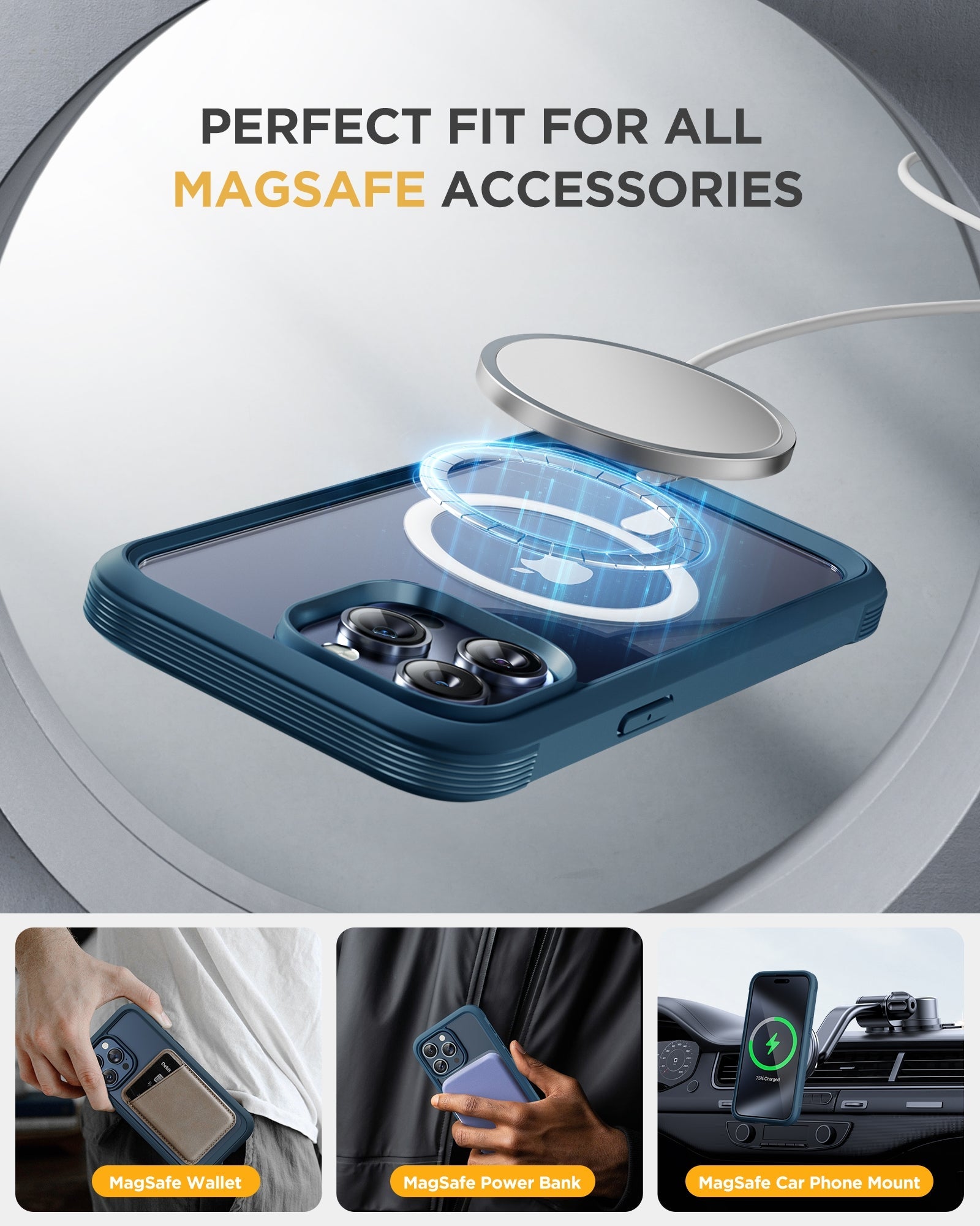 iPhone 15 Pro Max - Blue : Cases Villa 360° Protection Case 9H Tempered Glass Cover with MagSafe