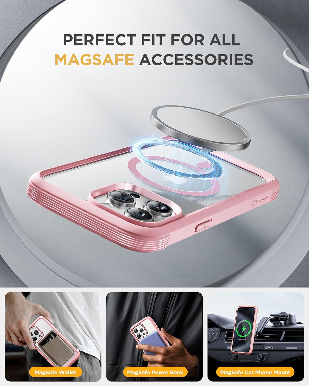 iPhone 15 Pro - Pink : Cases Villa 360° Protection Case 9H Tempered Glass Cover with MagSafe