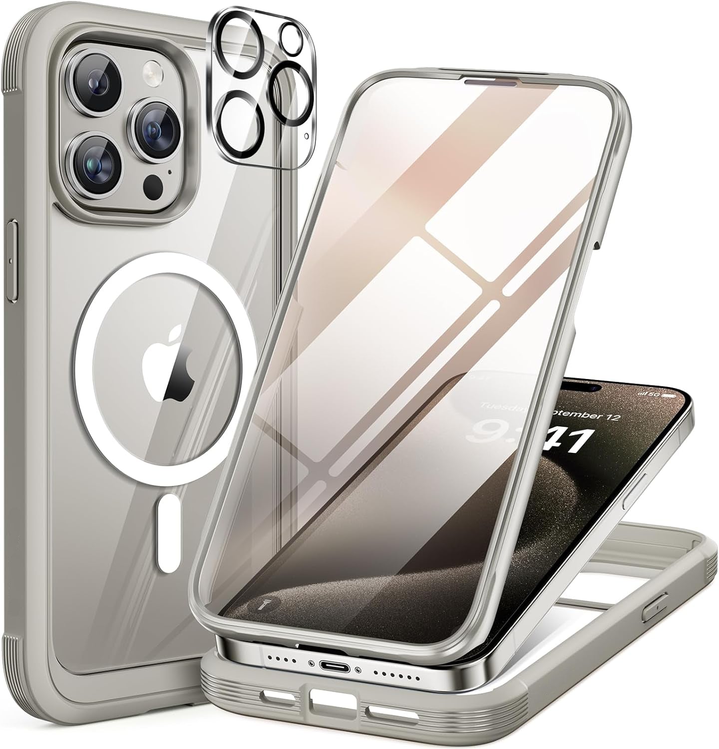 iPhone 15 Pro - Grey Titanium : Cases Villa 360° Protection Case 9H Tempered Glass Cover with MagSafe
