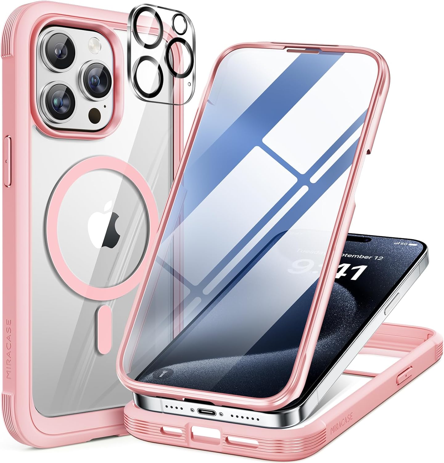 iPhone 15 Pro - Pink : Cases Villa 360° Protection Case 9H Tempered Glass Cover with MagSafe