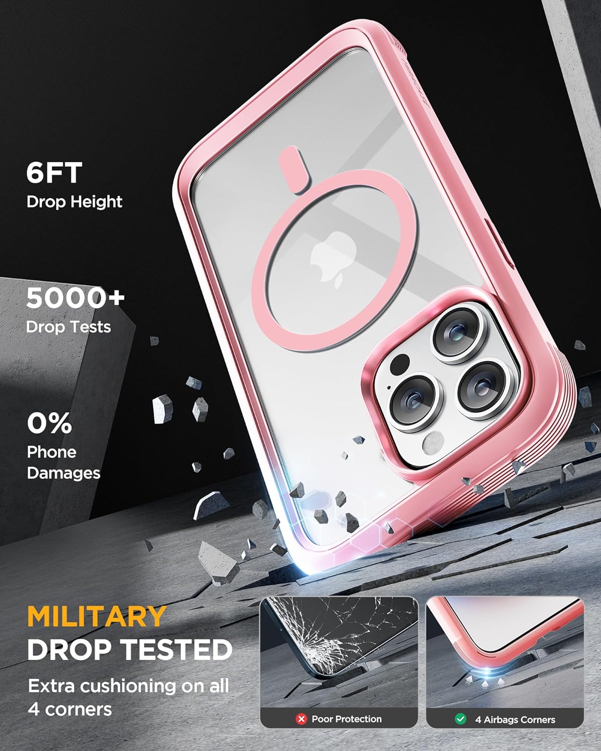 iPhone 15 Pro - Pink : Cases Villa 360° Protection Case 9H Tempered Glass Cover with MagSafe