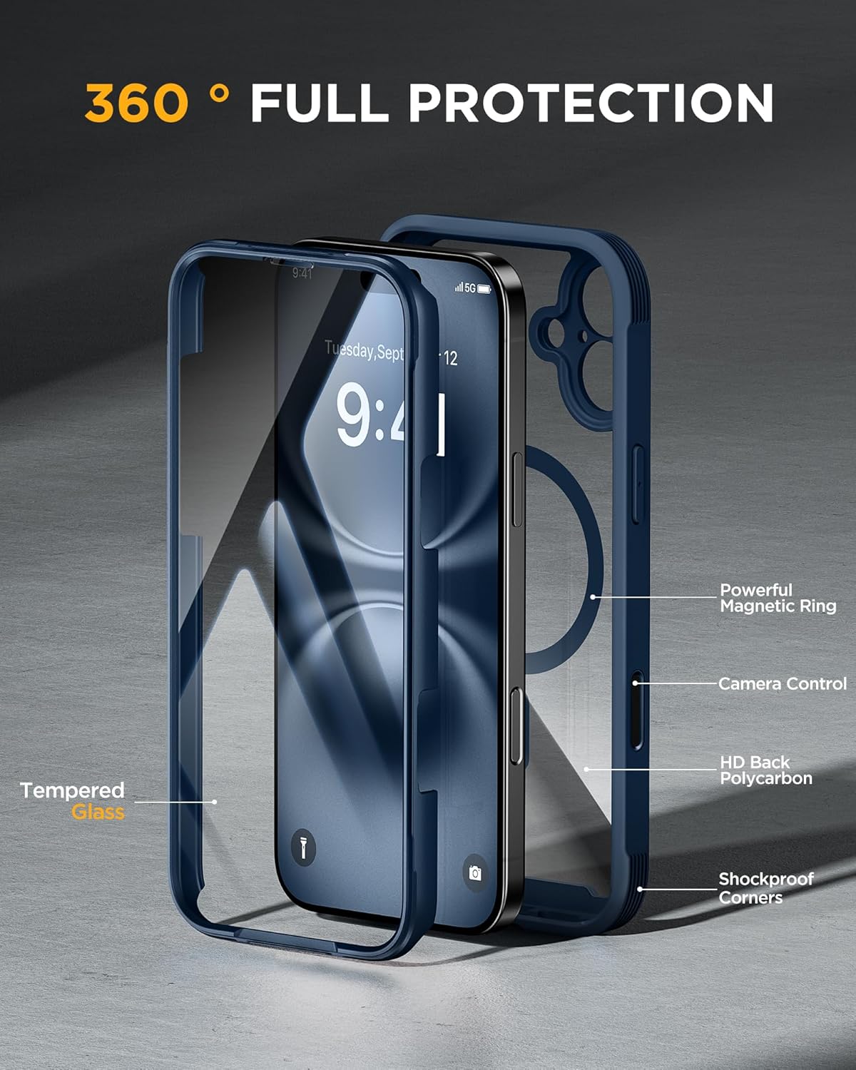 iPhone 16 360° Protection Case [BLUE] : Front Screen + Back Cover + Camera Protector